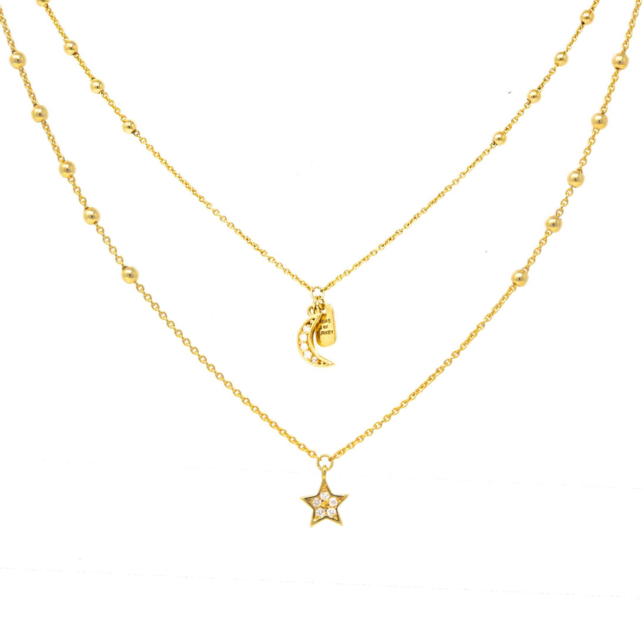 Gold Bead Layer Chain with Moon & Star Charms