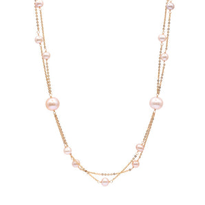 Pink Pearl Station Double Strand Layer Necklace 14K Rose Gold