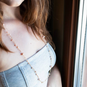 Pink Pearl Station Double Strand Layer Necklace 14K Rose Gold