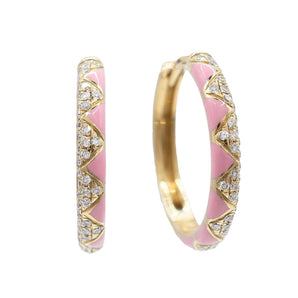 0.23 Carat Diamond and Pink Enamel Hoop Earrings 14K Yellow Gold