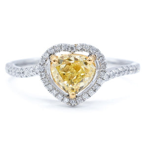 1.01 Carat Fancy Yellow Heart-Diamond Halo Engagement Ring 18K White Gold