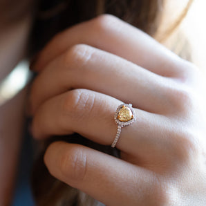 1.01 Carat Fancy Yellow Heart-Diamond Halo Engagement Ring 18K White Gold