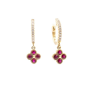 Ruby and Diamond Clover Drop Earrings 14K Yellow Gold