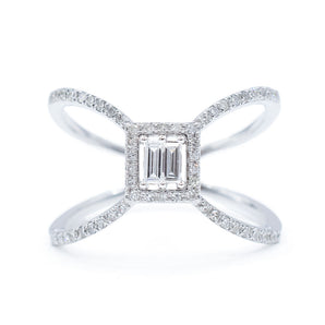 0.29 Carat Baguette and Round Diamond X Ring 14K White Gold