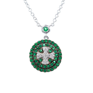 Emerald and Diamond Pavé-Set Templar Cross Pendant 14K White Gold