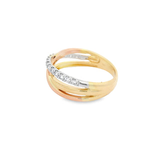 Tri Colored Crossover Diamond Ring 14KYWR