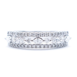 Marquise and Round Diamond Patterned Ring 14K White Gold