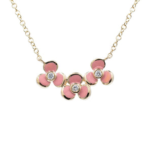 0.04 Carat Diamond and Pink Enamel Flower Necklace 14K Yellow Gold