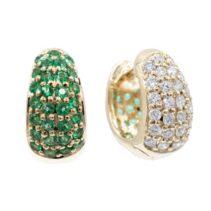 Emerald and Diamond Reversible Pavé-Set Huggie Earrings 14K Yellow Gold