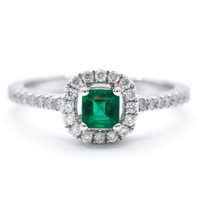 Emerald and Diamond Halo Ring 18K White Gold