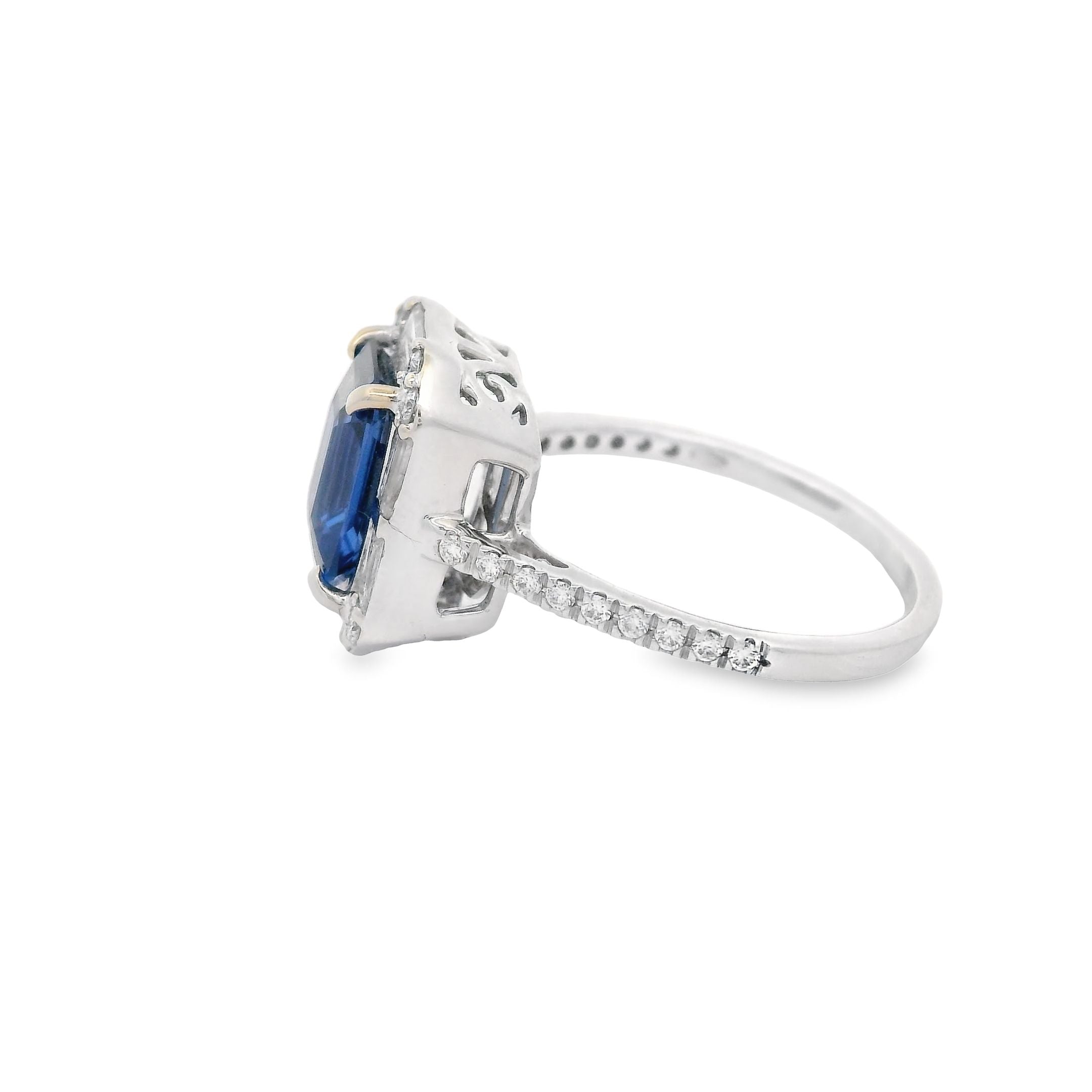 Halo Emerald Cut Sapphire and Diamond Ring 18KW