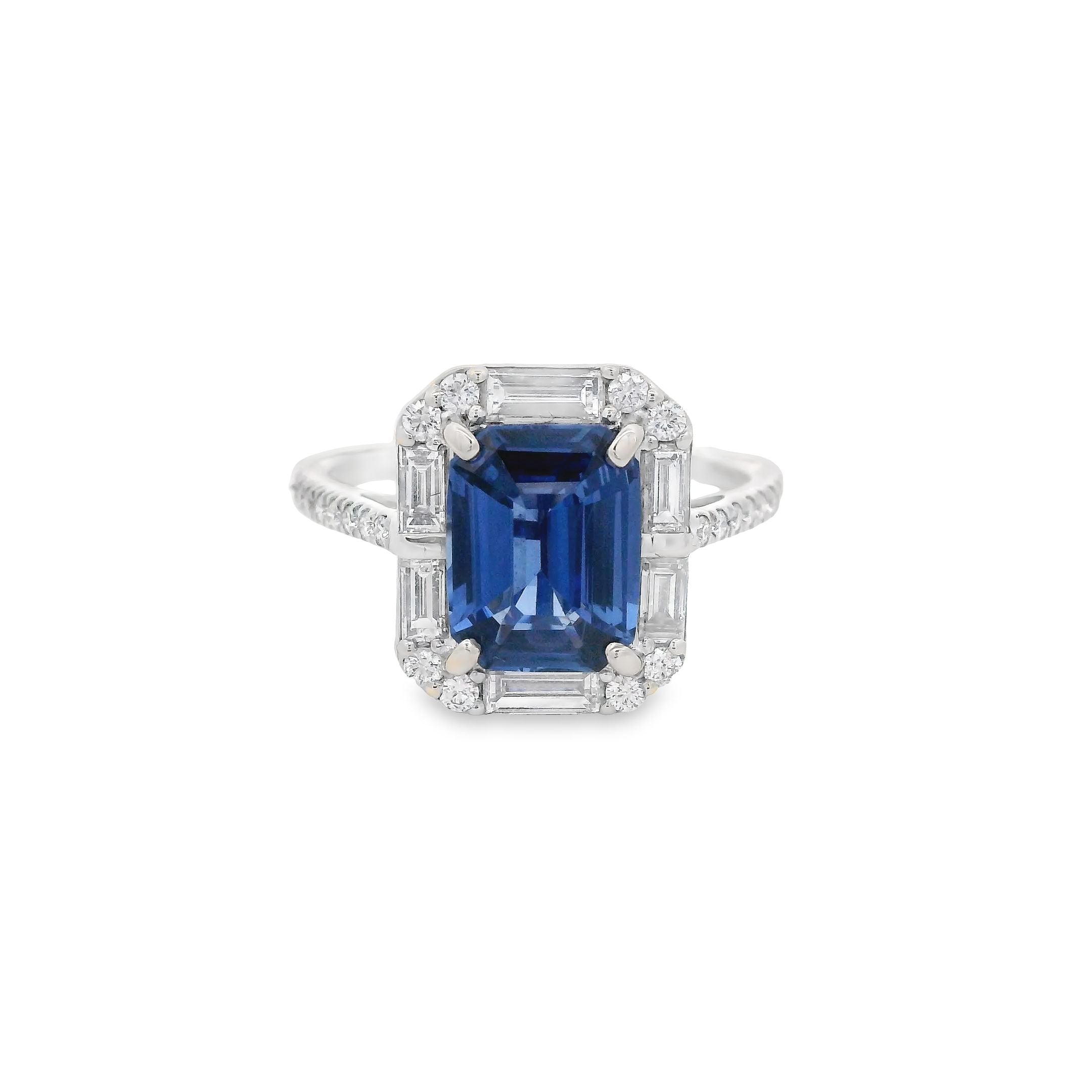 Halo Emerald Cut Sapphire and Diamond Ring 18KW