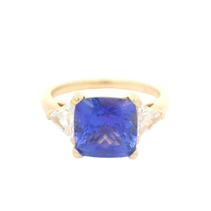 Cushion Cut Tanzanite and Trillion Cut Diamond Ring 14KY