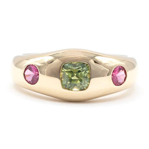 Lemon-Lime and Pink Sapphire Bezel Ring 14K Yellow Gold