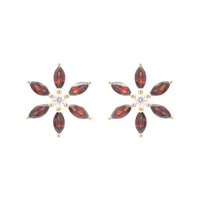 Garnet and Diamond Large Flower Stud Earrings 14K Yellow Gold