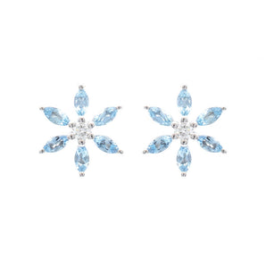 Aquamarine and Diamond Large Flower Stud Earrings 14K White Gold