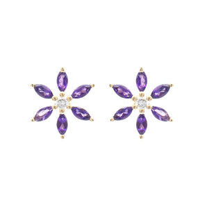 Amethyst and Diamond Large Flower Stud Earrings 14K Yellow Gold