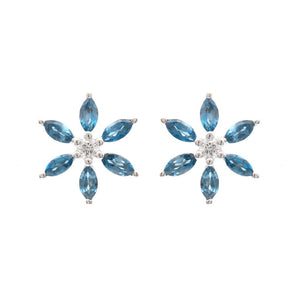 London Blue Topaz and Diamond Large Flower Stud Earrings 14K White Gold