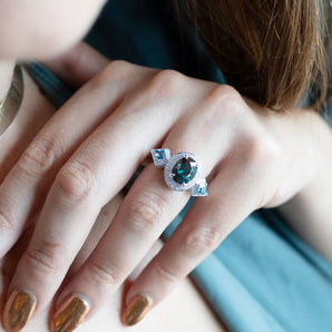 3.42 Carat Blue-Green Tourmaline, Montana Sapphire and Diamond Luxe Ring Platinum
