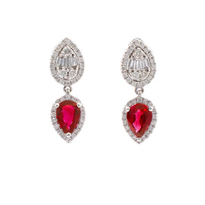 Ruby and Diamond Cluster Teardrop Earrings 18K White Gold