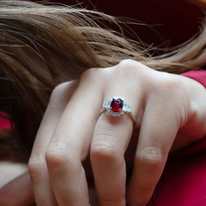 1.63 Carat Oval Ruby and Diamond Vintage-Inspired Ring 18K White Gold