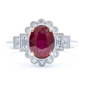 1.63 Carat Oval Ruby and Diamond Vintage-Inspired Ring 18K White Gold