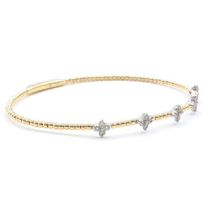 Round Diamond Station Beaded Bangle Bracelet 14K Yellow Gold