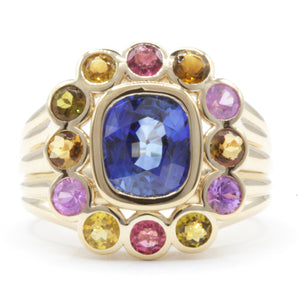 2.53 CT Cushion Sapphire and Mixed Color Sapphires Ring 14K Yellow Gold