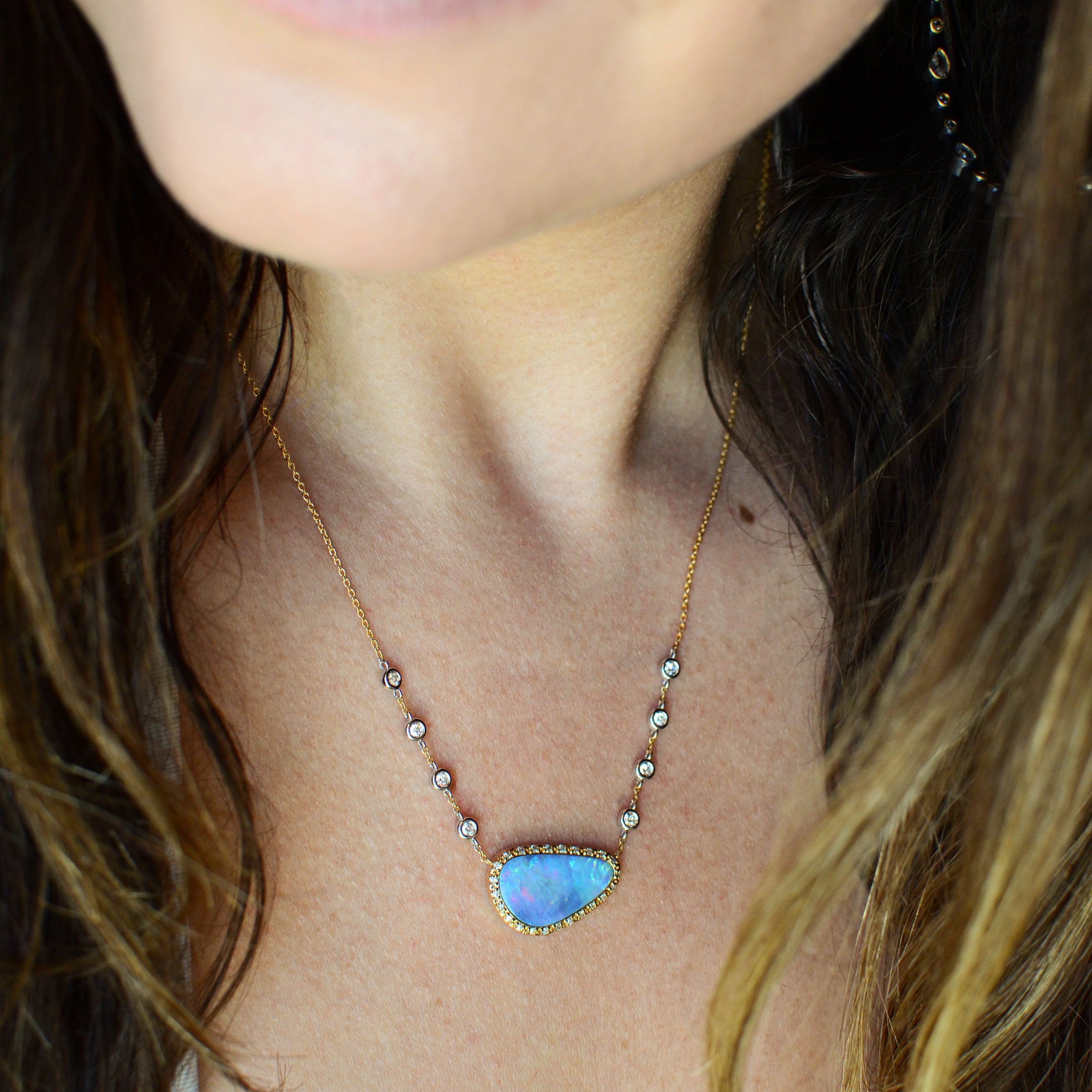 Ethereal Iridescence: Opal & Diamonds Two-Tone Necklace
