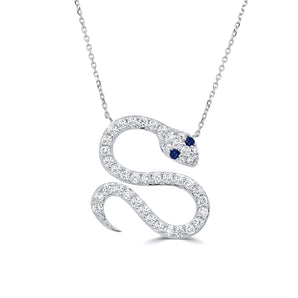 Diamond and Sapphire Snake Pendant 14K White Gold