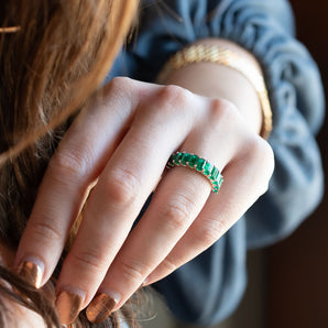 3.24 Carat Emerald 11 Stone Emerald-Cut Ring 14K White Gold