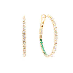 Diamond and Emerald Inside-Outside Hoop Earrings 14K Yellow Gold