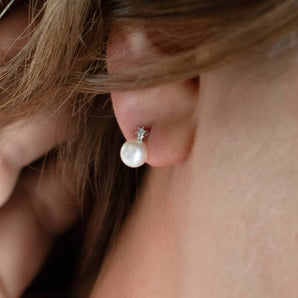 Minimalist Pearl and Diamond Stud Earrings 14K White Gold