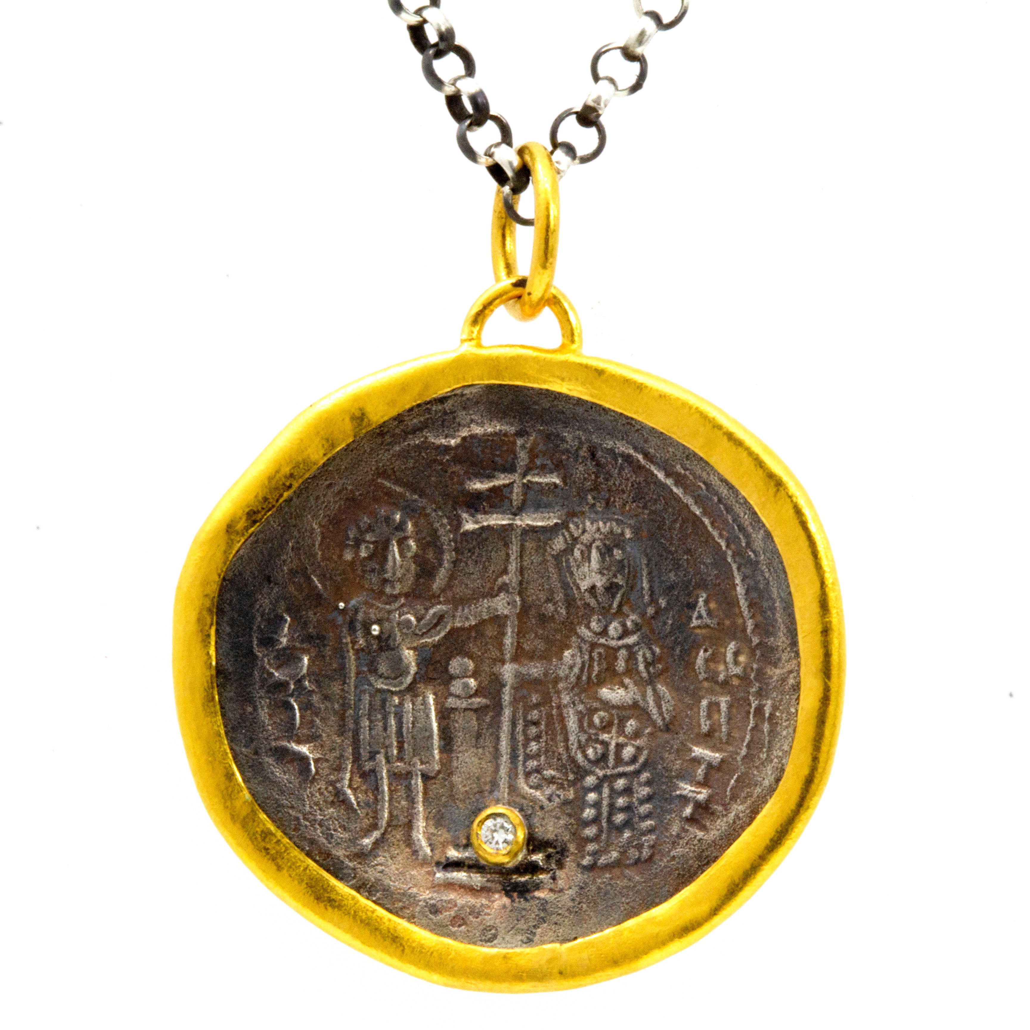 "Constantine" Byzantine Coin Pendant With Diamond & 24K Gold Accent