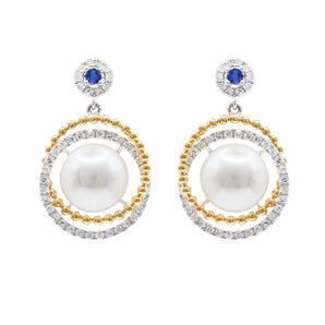 Pearl, Sapphire and Diamond Two-Tone Dangle Earrings 14K Gold