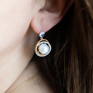 Pearl, Sapphire and Diamond Two-Tone Dangle Earrings 14K Gold