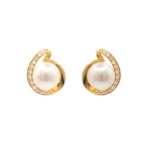 Pearl & Diamond Swirl Stud Earrings 14K Yellow Gold