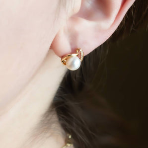 Pearl & Diamond Swirl Stud Earrings 14K Yellow Gold