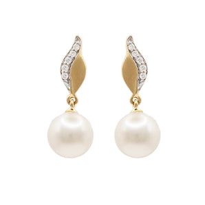 White Pearl and Diamond Drop Earrings 14K Yellow Gold