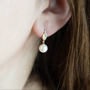White Pearl and Diamond Drop Earrings 14K Yellow Gold