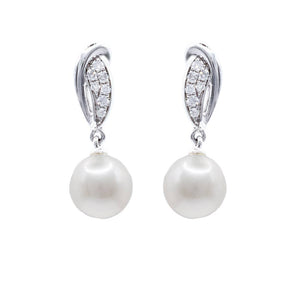 White Pearl and Diamond Drop Earrings 14K White Gold