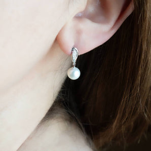 White Pearl and Diamond Drop Earrings 14K White Gold
