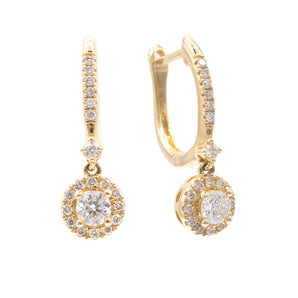 0.52 Carat Diamond Halo Drop Earrings 14K Yellow Gold