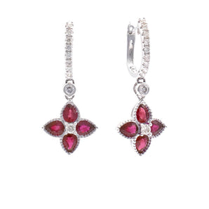 Ruby and Diamond Flower Dangle Earrings 18K White Gold