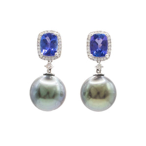 12.5mm Tahitian Pearl, Tanzanite and Diamond Earrings 18K White Gold