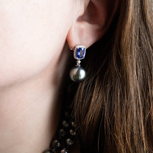 12.5mm Tahitian Pearl, Tanzanite and Diamond Earrings 18K White Gold