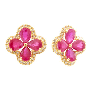 Ruby and Diamond Flower Stud Earrings 18K Yellow Gold