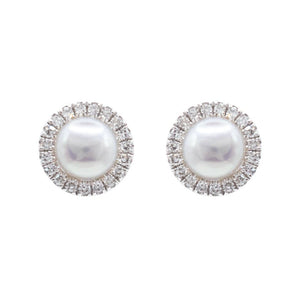 Dainty Pearl and Diamond Halo Studs 14K White Gold