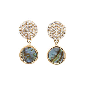 Pavé Diamond and Abalone Dangling Disc Earrings 14K Yellow Gold