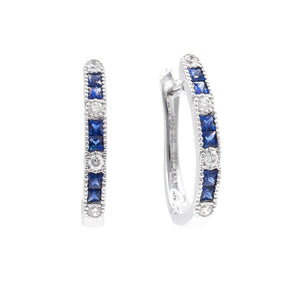 Square Sapphire and Round Diamond Hinged Hoops 18K White Gold